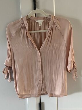 H&M Blush Pink Pleated Button-Front Blouse with Tie Sleeves